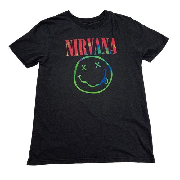Nirvana T-Shirt Unisex XL Gray Smiley Face Band Tee Kurt Cobain Rock Band - Picture 1 of 8